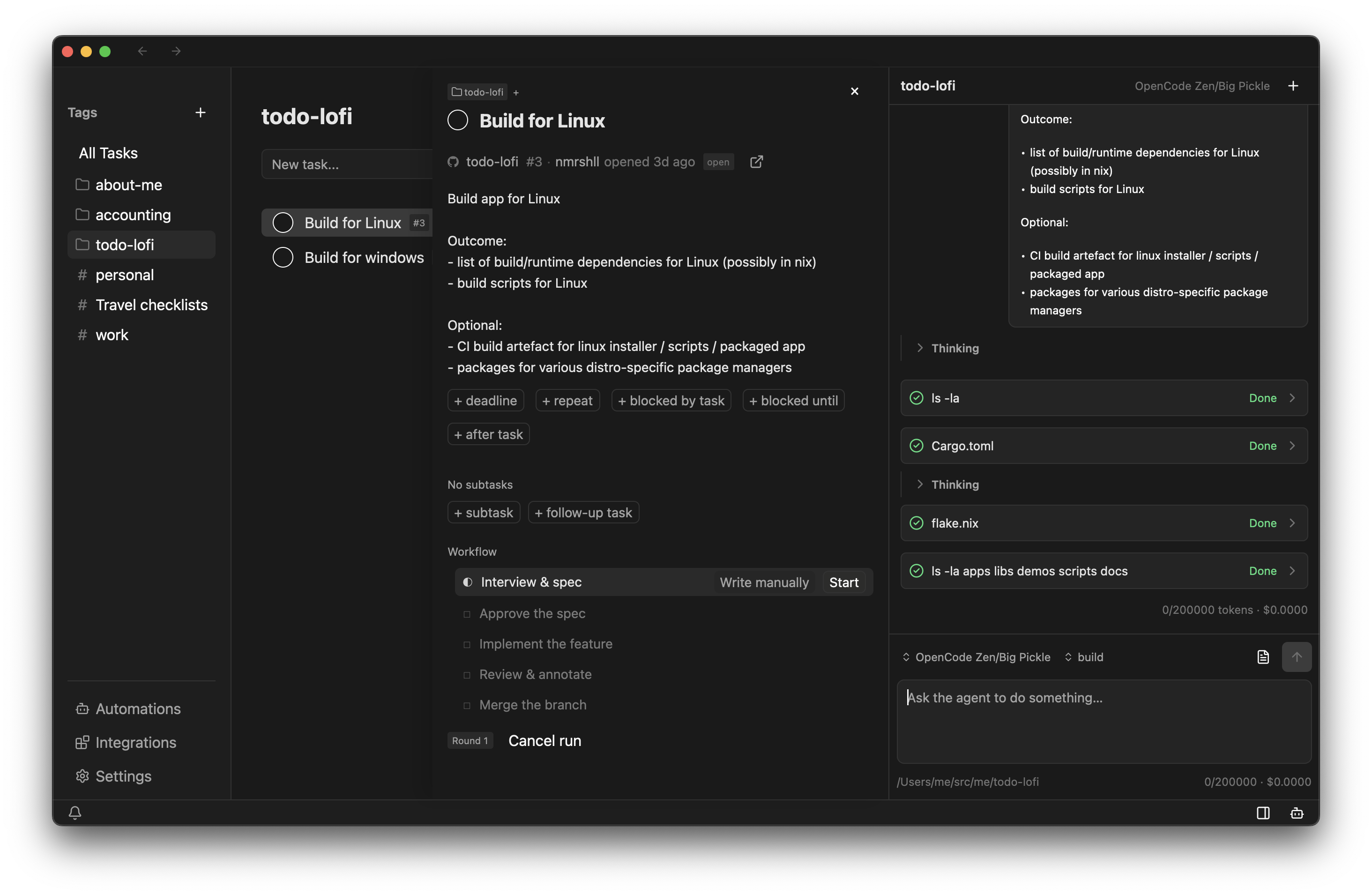 The Taskstream desktop app: a task list on the left, task details in the middle, and the agent pane on the right.